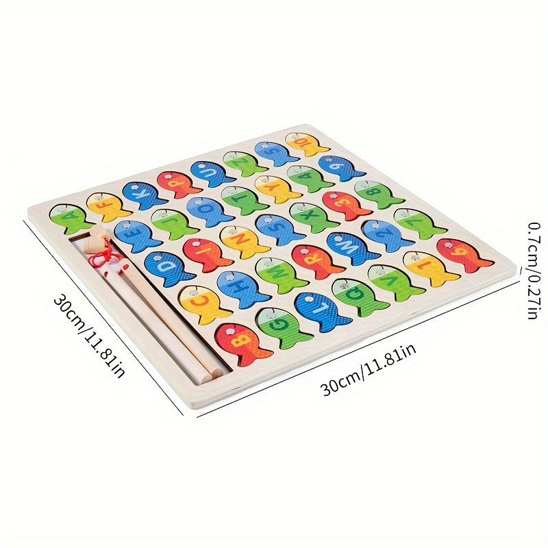 Plateau en bois avec 36 poissons magnétiques portant des lettres et chiffres.