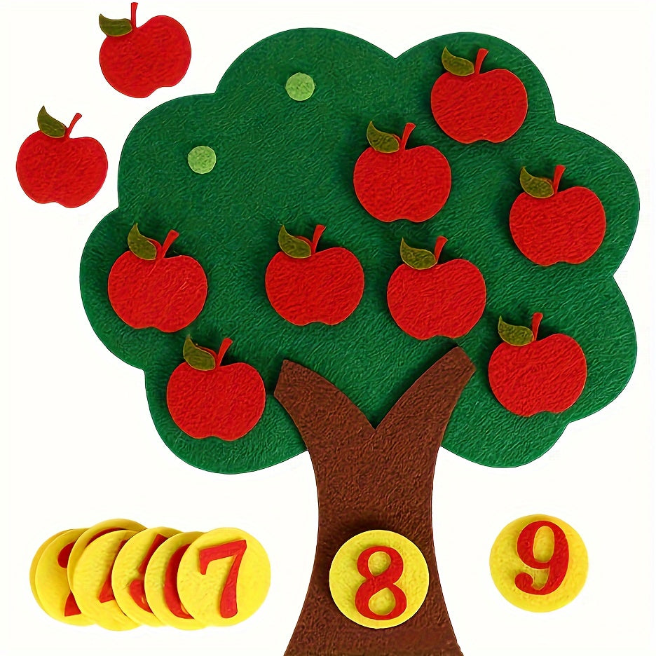 Tableau de comptage en feutrine en forme d’arbre avec des pommes rouges.