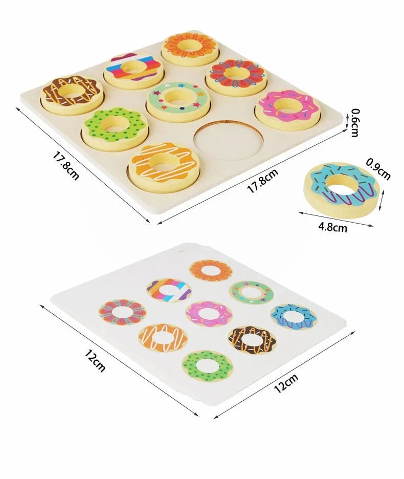 Pièces en bois du puzzle Montessori en forme de donuts colorés.