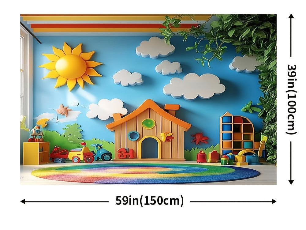 Toile décorative motif maternelle pour classe, idéale pour moderniser les photos scolaires et décorer l’espace d’apprentissage.