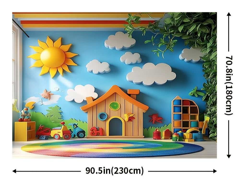 Toile décorative motif soleil pour classe, idéale pour moderniser les photos scolaires et décorer l’espace d’apprentissage.