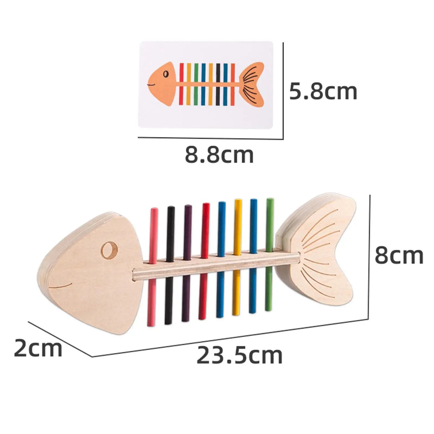 Dimension Jeu éducatif en bois Montessori avec poissons et tiges colorées.