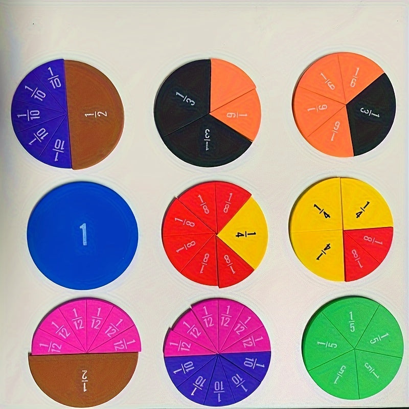 Vue détaillée des fractions colorées disposées sur une surface de jeu éducatif