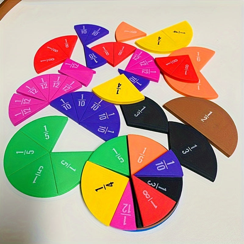 Vue détaillée des fractions colorées disposées sur une surface de jeu éducatif