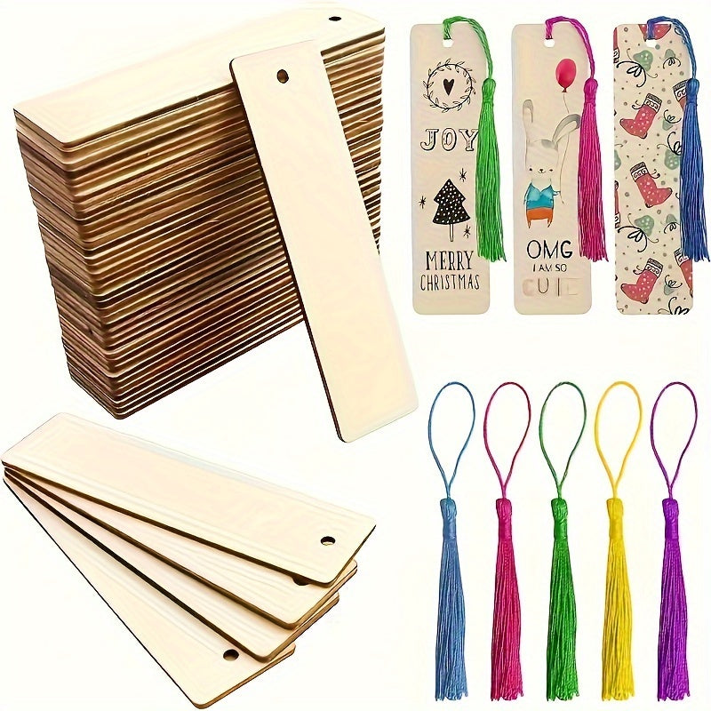 Kit de 25 marque-pages en bois brut avec pompons colorés à personnaliser.