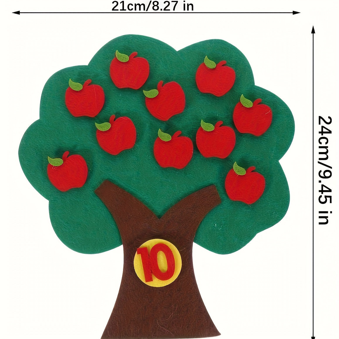 Vue détaillée de l’arbre en feutrine et des pommes colorées, outil éducatif