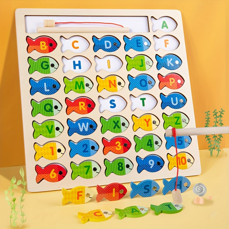 Plateau en bois avec 36 poissons magnétiques portant des lettres et chiffres.
