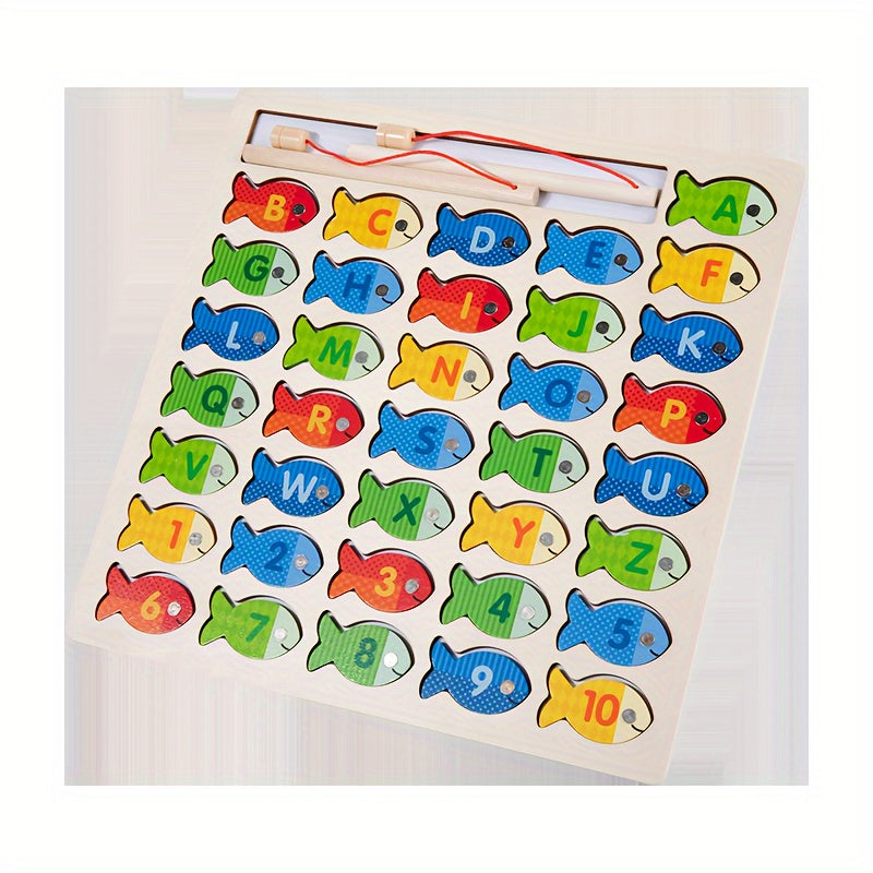 Plateau en bois avec 36 poissons magnétiques portant des lettres et chiffres.