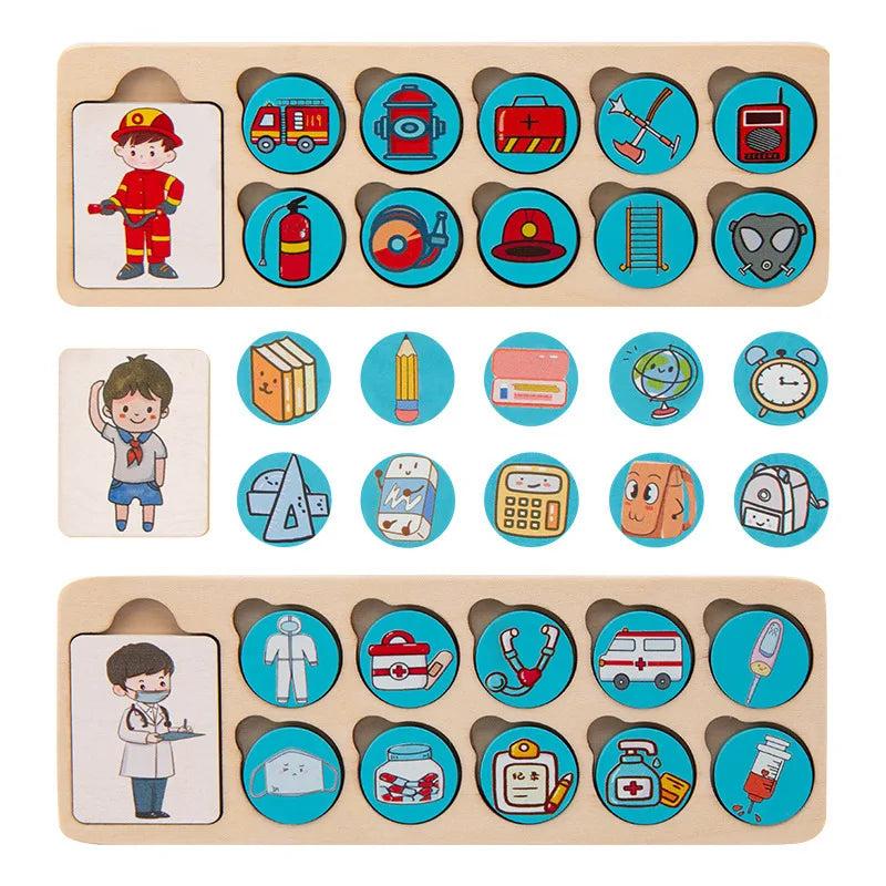 Puzzle en bois Montessori métiers et objets pour enfants.