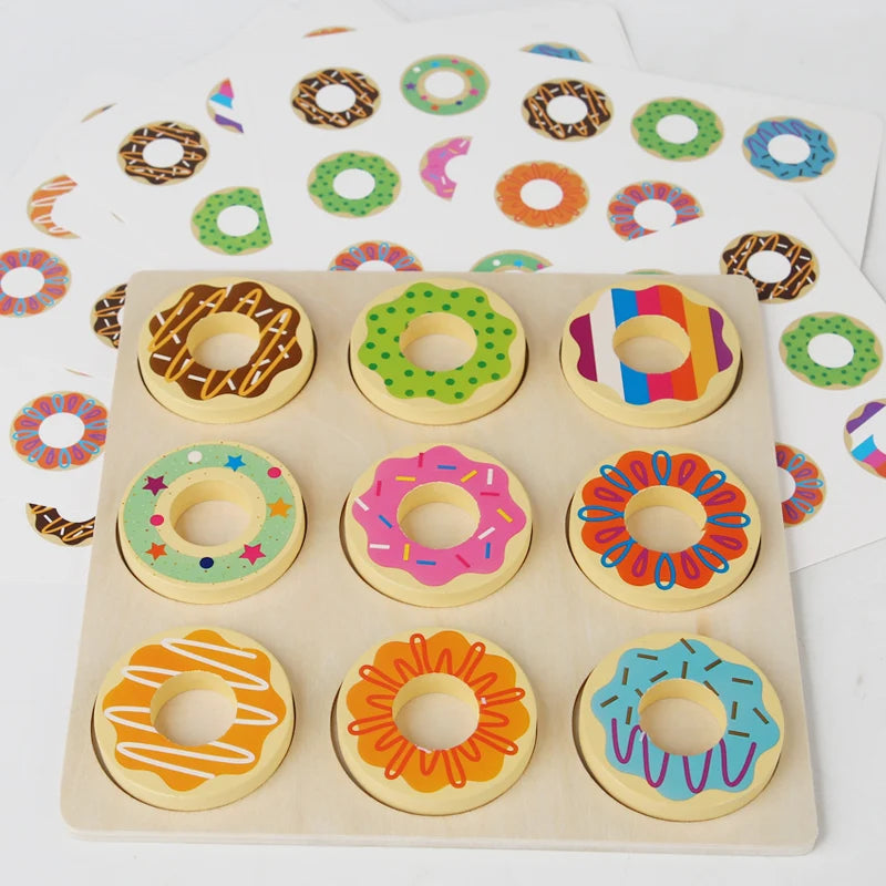 Puzzle éducatif en bois Montessori avec donuts colorés pour enfants.
