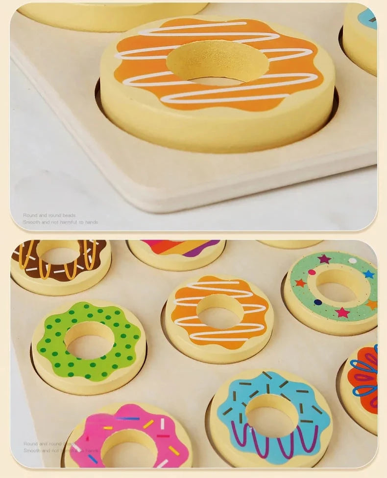 Pièces en bois du puzzle Montessori en forme de donuts colorés.