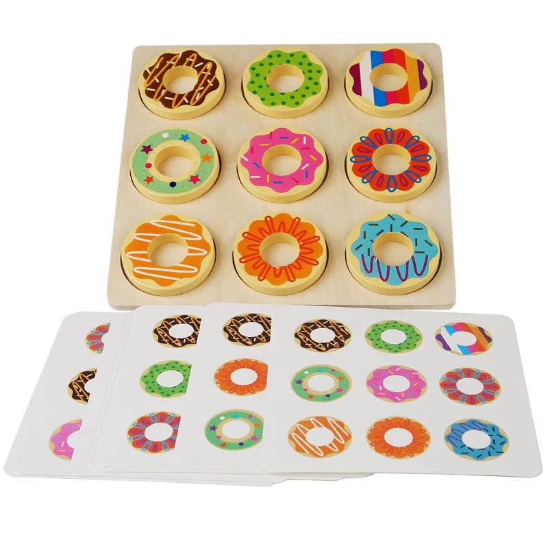 Neuf donuts colorés en bois pour apprendre les couleurs et les formes.