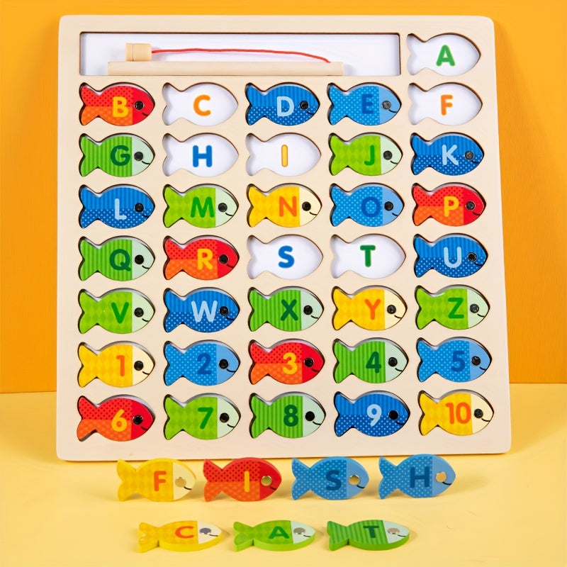 Plateau en bois avec 36 poissons magnétiques portant des lettres et chiffres.