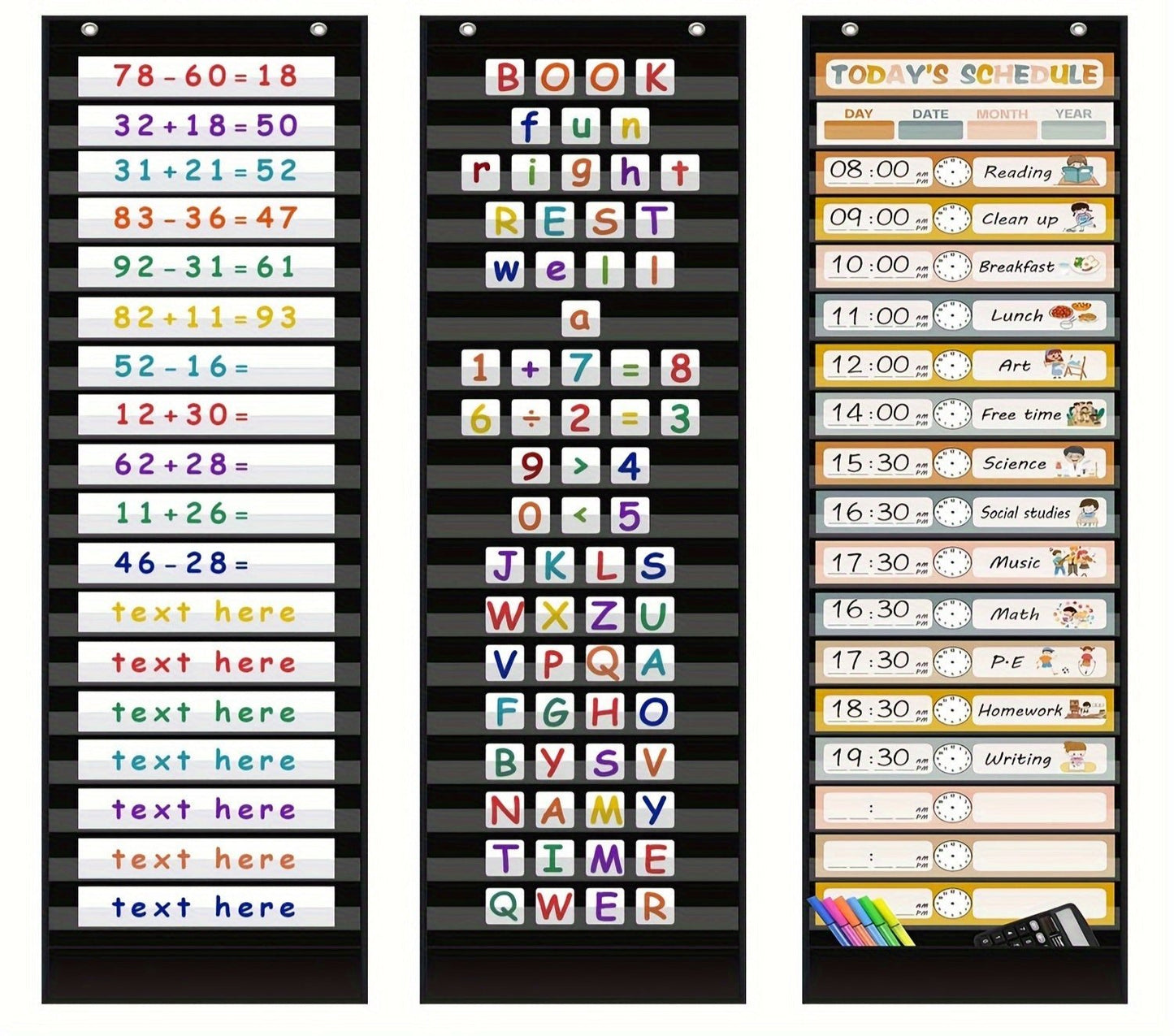 Cartes double-face pour organiser les activités du planning quotidien, incluses avec le tableau de 18 poches.