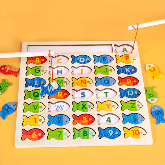 Plateau en bois avec 36 poissons magnétiques portant des lettres et chiffres.