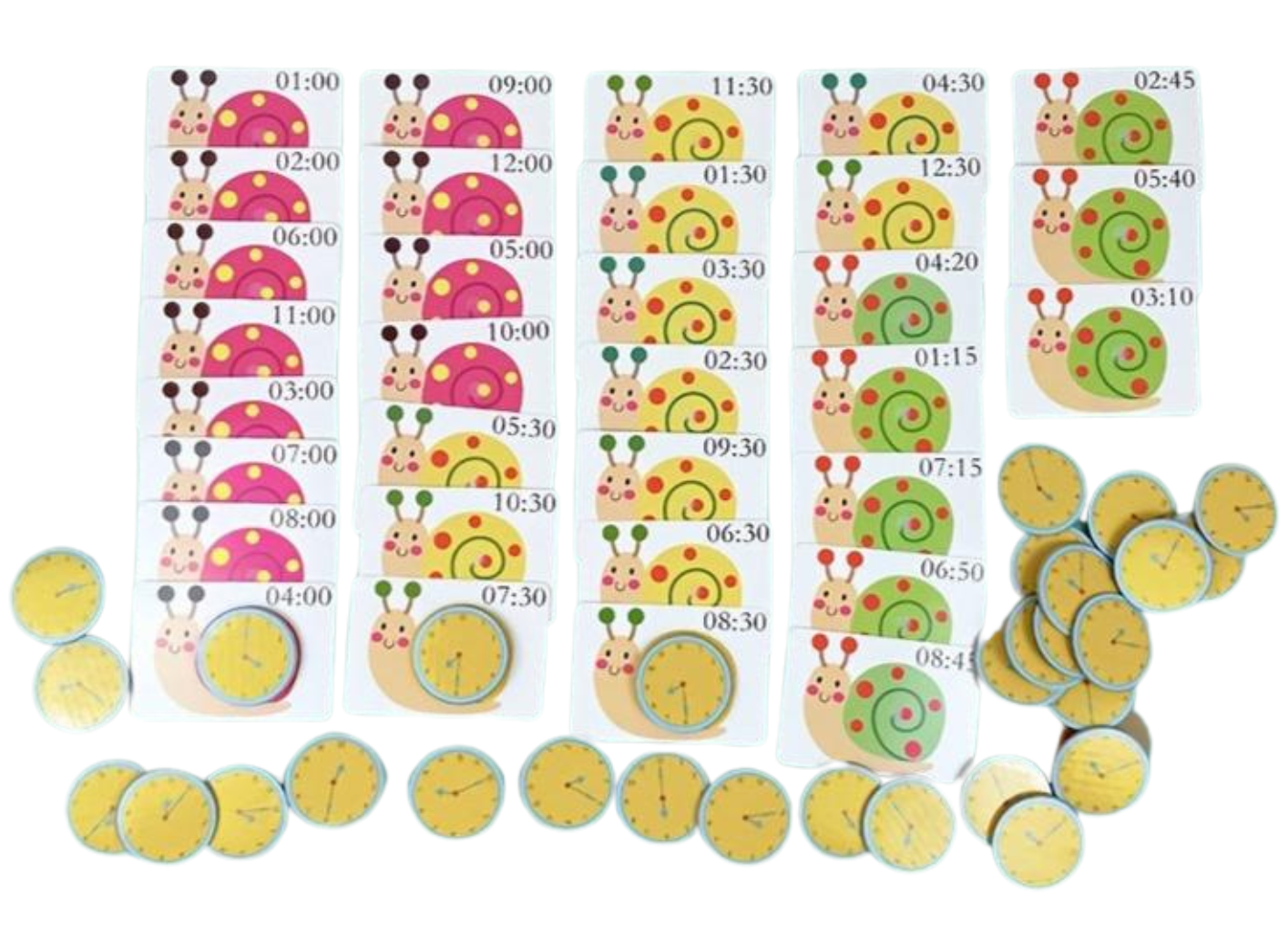Vue complète du kit d'apprentissage de l'heure avec cartes escargots et horloges.