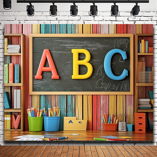 Décor éducatif motif alphabet utilisé comme toile de fond pour des photos de classe et des événements scolaires