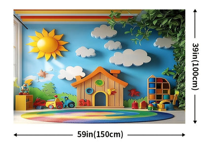 Toile décorative motif maternelle pour classe, idéale pour moderniser les photos scolaires et décorer l’espace d’apprentissage.