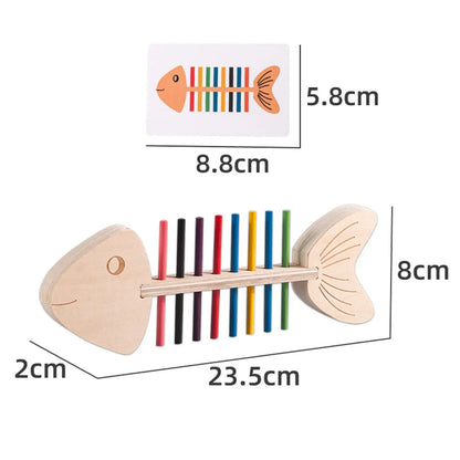 Dimension Jeu éducatif en bois Montessori avec poissons et tiges colorées.