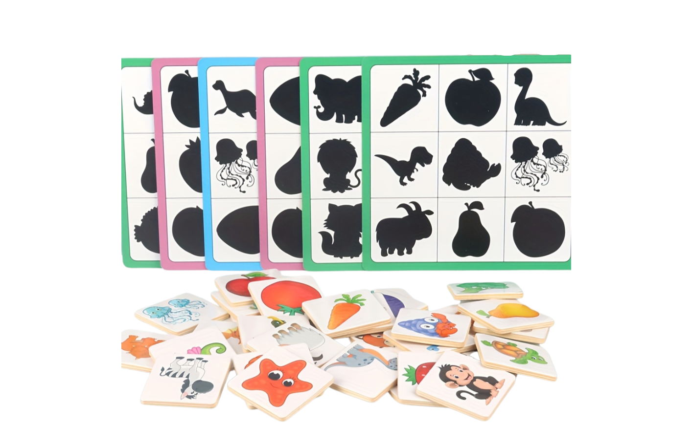 Ensemble en bois du jeu d'association Ombres et Images avec pièces colorées