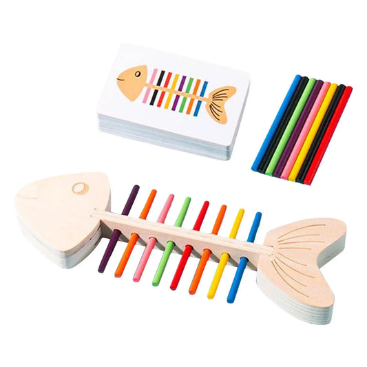 Jeu éducatif en bois Montessori avec poissons et tiges colorées