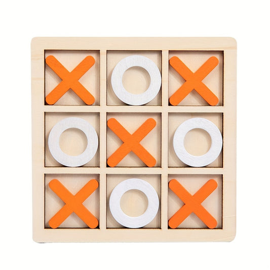 Plateau de jeu de morpion en bois avec des croix et des cercles.