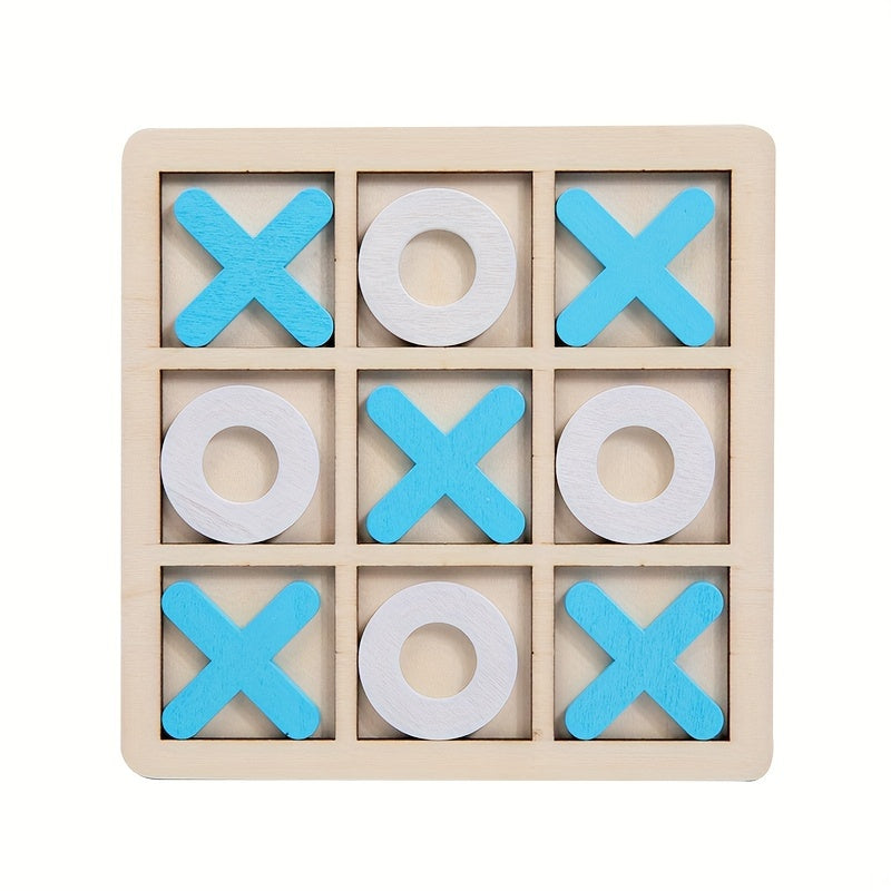 Jeu de morpion classique en bois naturel avec pièces colorées.
