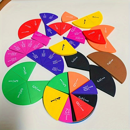 Vue détaillée des fractions colorées disposées sur une surface de jeu éducatif