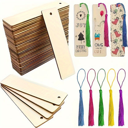Kit de 25 marque-pages en bois brut avec pompons colorés à personnaliser.