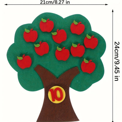 Vue détaillée de l’arbre en feutrine et des pommes colorées, outil éducatif