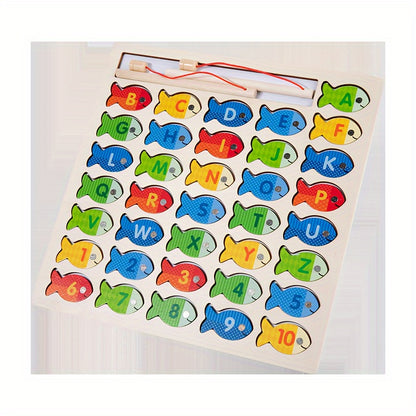 Plateau en bois avec 36 poissons magnétiques portant des lettres et chiffres.