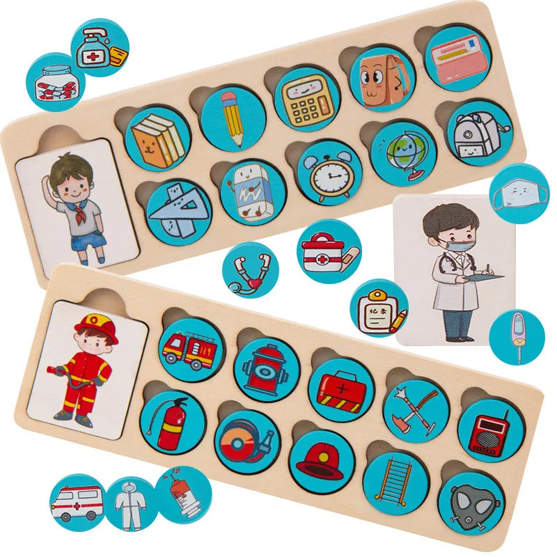 Puzzle en bois Montessori métiers et objets pour enfants.