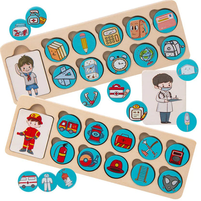 Puzzle en bois Montessori métiers et objets pour enfants.